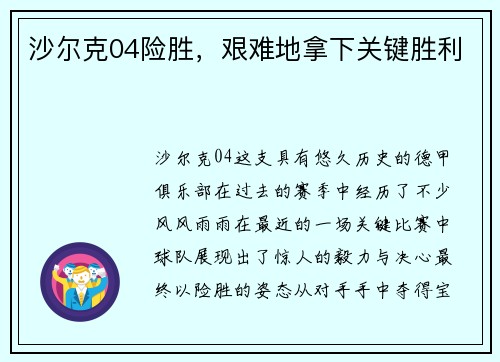 沙尔克04险胜，艰难地拿下关键胜利